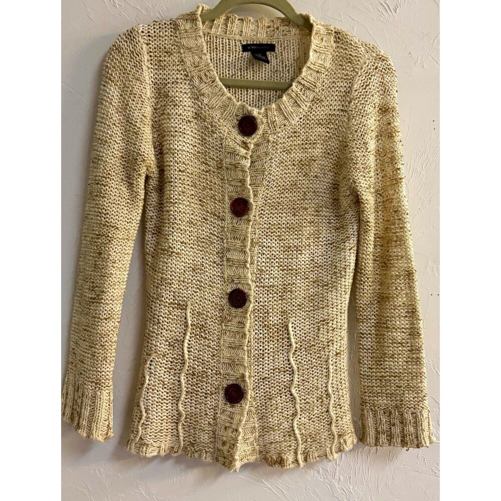 BCBGmaxazria women's M beige knit v-neck long sleeve button-front cardigan